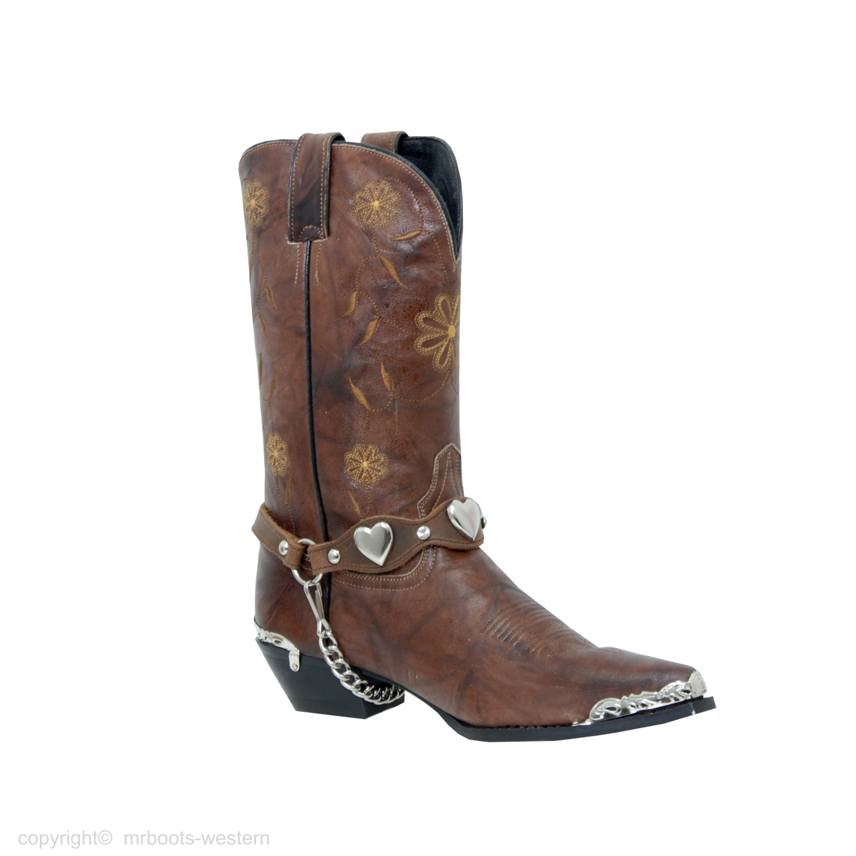 ALM-900-ST-BRN Boot Strap Brown Leather Rhinestones & Hearts