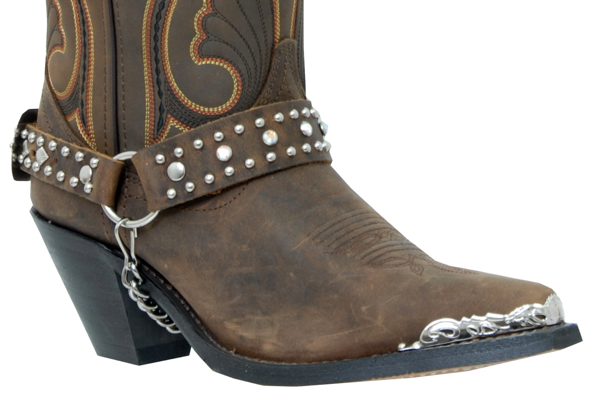 ALM-404ST-BROWN Boot Strap Brown Leather with Rhinestones & Nail Heads