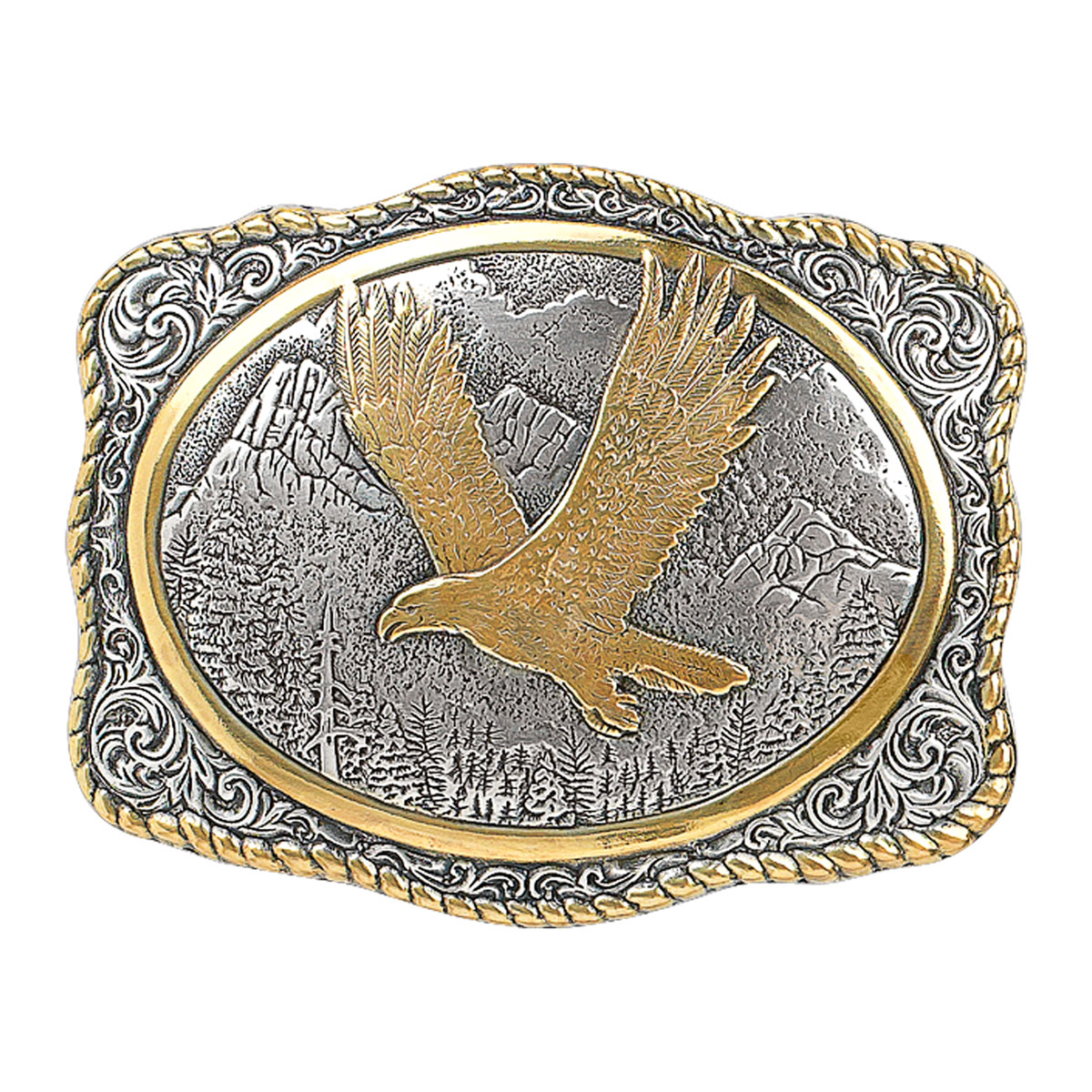 MF-37024 Belt Buckle Oval Eagle with American Flag Antiqued Brass