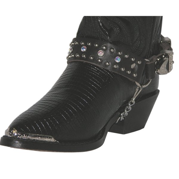 ALM-404-RS-BLACK Boot Strap Black Leather with Rhinestones & Nail Heads