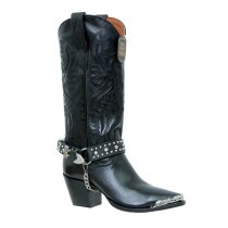 ALM-404-RS-BLACK Boot Strap Black Leather with Rhinestones & Nail Heads