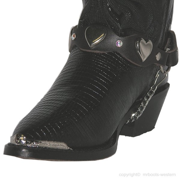 ALM-900-RST-BLK Boot Strap Black Scalloped Leather Nickel Hearts and Rhinestones