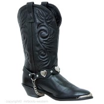 ALM-900-RST-BLK Boot Strap Black Scalloped Leather Nickel Hearts and Rhinestones