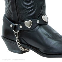 ALM-900-RST-BLK Boot Strap Black Scalloped Leather Nickel Hearts and Rhinestones