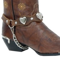 ALM-900-RS-BRN Boot Strap Brown Scalloped Leather Nickel Hearts and Rhinestones