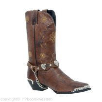 ALM-900-RS-BRN Boot Strap Brown Scalloped Leather Nickel Hearts and Rhinestones