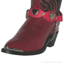 ALM-900-RS-RED Boot Strap Red Scalloped Leather Nickel Hearts and Rhinestones