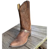 ALM-MM680-AG Boot Strap Scalloped Brown Leather and Conchos