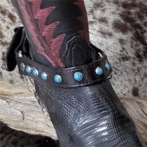 AU-BBR-08-BK Boot Straps Black Leather with Round Turquoise Stones