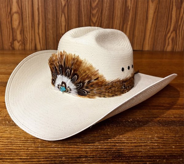 AU-FHB-02 Feather Hat Band Natural Brown with Turquoise Center