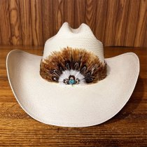 AU-FHB-02 Feather Hat Band Natural Brown with Turquoise Center