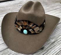 AU-FHB-03 Feather Hat Band Black & Natural Brown with Turquoise