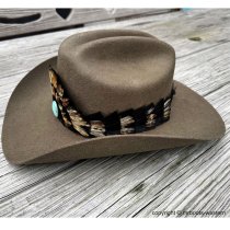 AU-FHB-03 Feather Hat Band Black & Natural Brown with Turquoise