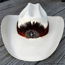 AU-FHB-07 Feather Hat Band Rust/Natural Brown w/ Turquoise Stone