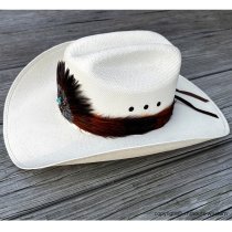 AU-FHB-07 Feather Hat Band Rust/Natural Brown w/ Turquoise Stone