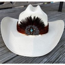 AU-FHB-07 Feather Hat Band Rust/Natural Brown w/ Turquoise Stone