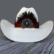 AU-FHB-07 Feather Hat Band Rust/Natural Brown w/ Turquoise Stone