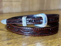 AU-LC-51-BRN Hat Band Hand Engraved Brown Leather 1/2" Wide tapered to 3/8"