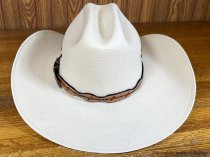 AU-LC-51-B-NAT Hat Band Hand Carved Natural Leather Barbed Wire Design Scalloped 1/2" Wide