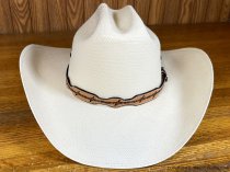 AU-LC-51-B-NAT Hat Band Hand Carved Natural Leather Barbed Wire Design Scalloped 1/2" Wide