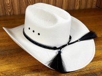 AU-HH05-14 Horse Hair Hat Band Five Strand White/Black/Blue/Black/White with Brown Tails and 2 Black Tassels