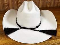 AU-HH05-14 Horse Hair Hat Band Five Strand White/Black/Blue/Black/White with Brown Tails and 2 Black Tassels