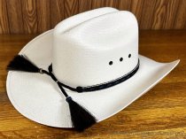 AU-HH05-14 Horse Hair Hat Band Five Strand White/Black/Blue/Black/White with Brown Tails and 2 Black Tassels