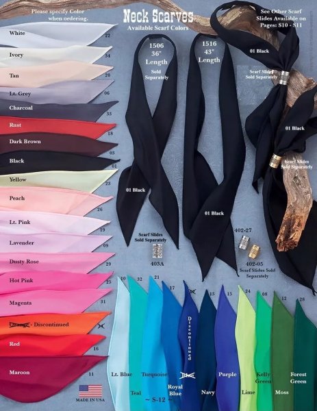 Western Cowboy Scarves, Scarf Ties, Scarf Slides, Bolo Ties, Bandanas, Western Ties, Neckwear and Wild Rags, Featuring Scarf Ties in 27 Colors & made in the USA