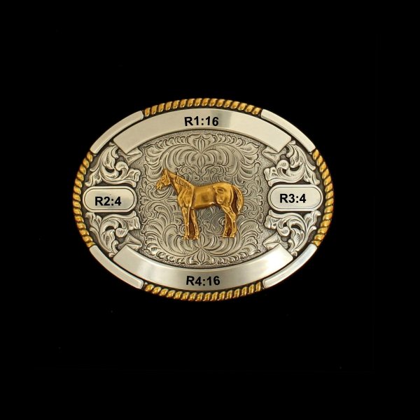 MF-38646 Trophy Buckle Oval Standing Horse 4 Ribbons 2-7/8x3-3/4