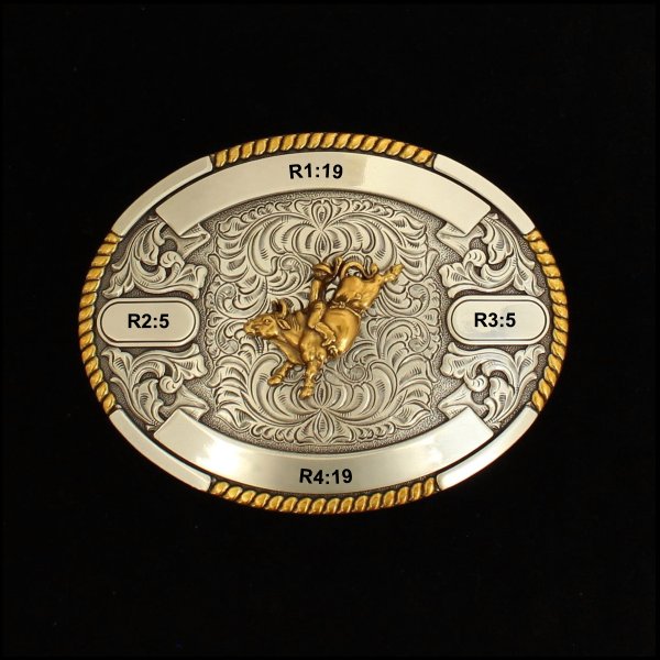 MF-38624 Trophy Buckle Oval Bull Rider 4 Ribbons 3-1/4x4-1/2