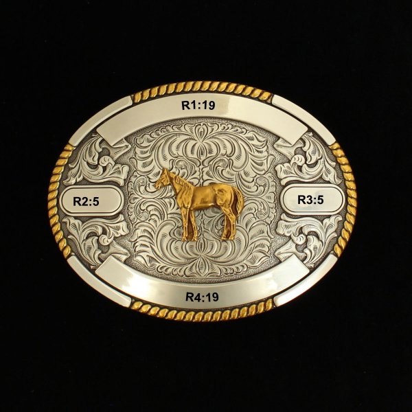 MF-38648 Trophy Buckle Oval Standing Horse 4 Ribbons 3-1/4x4-1/2