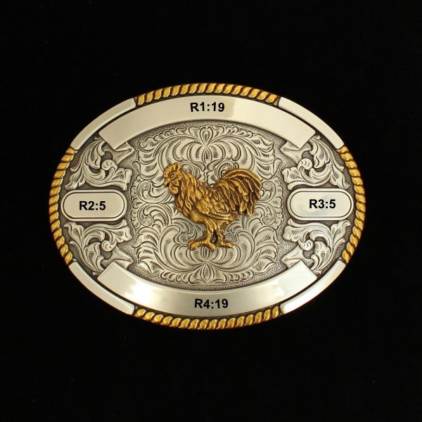 MF-38654 Trophy Buckle Oval Rooster 4 Ribbons 3-1/4x4-1/2