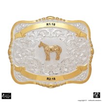 MF-38446 Trophy Buckle Standing Horse 2 Ribbons